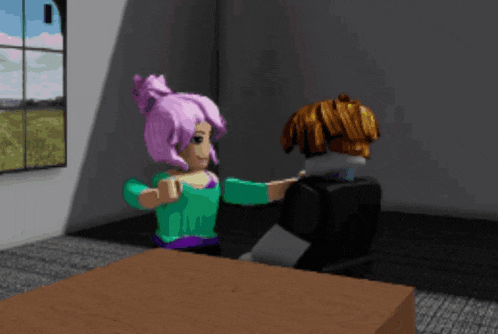 a girl with purple hair is pointing at a boy with brown hair