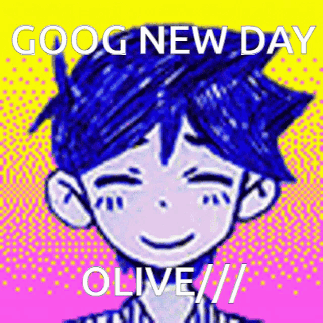 a cartoon of a boy with blue hair and the words good new day olive