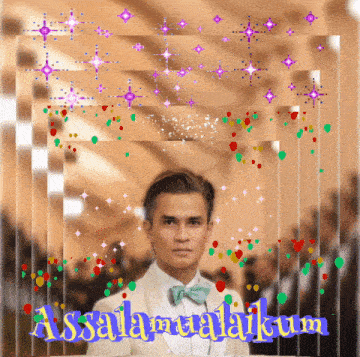 a man in a suit and bow tie is surrounded by confetti and the words assalamualaikum on the bottom