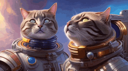 two cats are wearing space suits and looking up