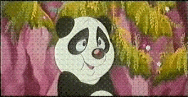 a cartoon panda bear is smiling in front of pink trees
