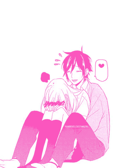 a pink and white drawing of a boy and a girl with yanderelevifangirl written on the bottom right