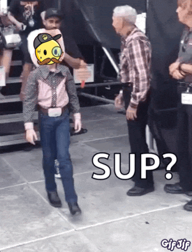a man in a plaid shirt stands next to a boy in a cowboy outfit with the caption sup