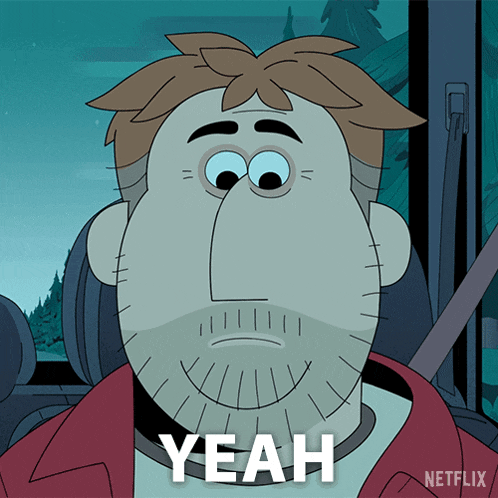 a cartoon character with a beard is sitting in a car with the word yeah above him