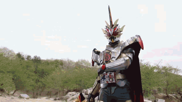 a knight holding a sword and a cape in a field