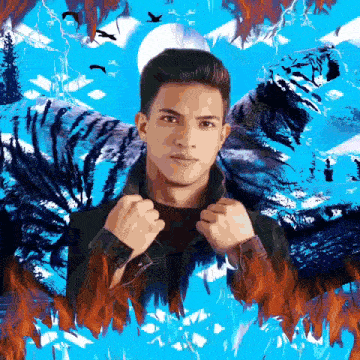 a man in a black jacket stands in front of a blue background with a tiger in the background