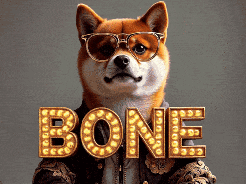 a dog wearing glasses and a jacket stands in front of a bone sign