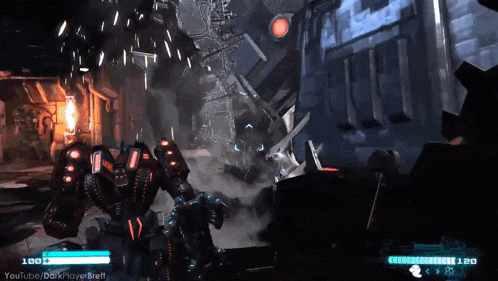 a video game screen shows a robot with the number 120 on it
