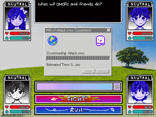 a screenshot of a video game that says " what will omori and friends do "