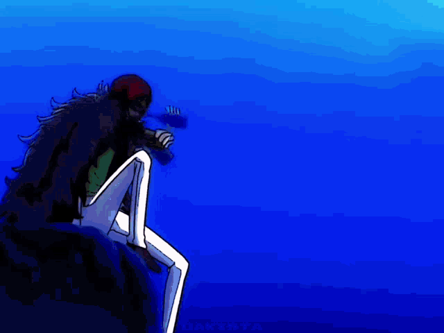 a drawing of a man sitting on a cliff with a blue background