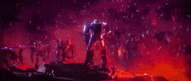 a pixel art painting of a robot flying over a crowd of people .