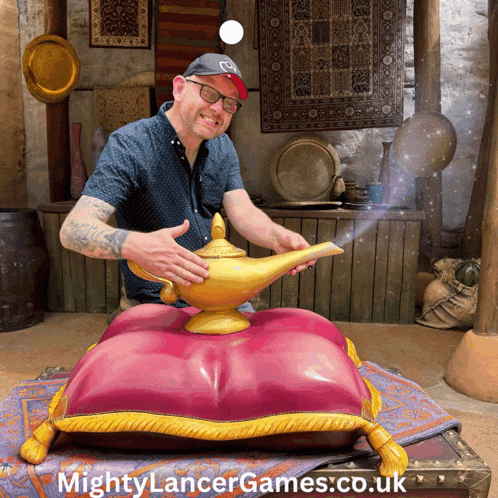 a man holding a genie lamp with the website mightylancergames.co.uk written below him