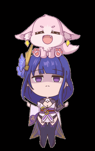 a cartoon of a girl with purple hair and a cat on her head