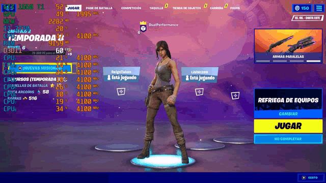 a screenshot of a video game called fortnite with a character standing in front of a screen that says temporada 2
