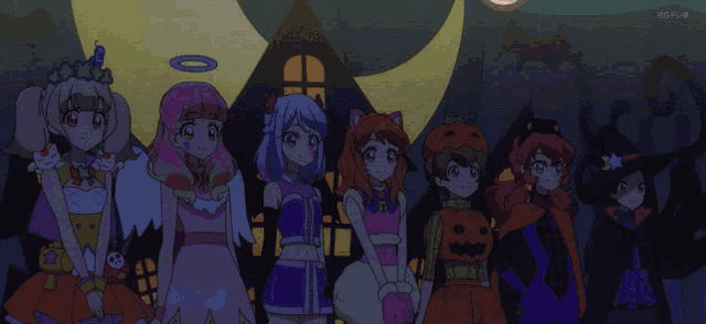 a group of anime characters are standing in front of a building with the letters bsf on the bottom