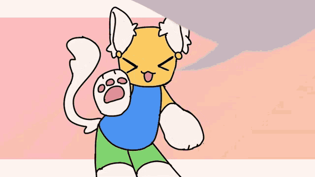 a cartoon of a cat with a blue shirt and green shorts is holding a paw .
