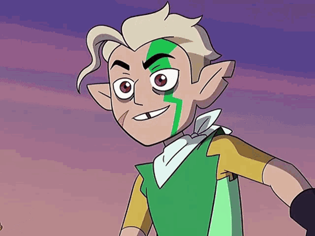 a cartoon character with blonde hair and green paint on his face is smiling and wearing a green and yellow outfit .