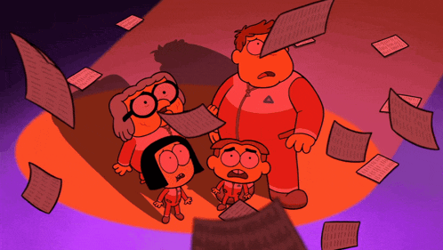 a group of cartoon characters are standing in a room with papers flying around them