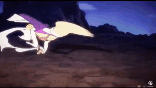a cartoon character is flying through the air in a purple and white outfit .