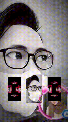 a person wearing glasses and a face mask has a collage of pictures on their face