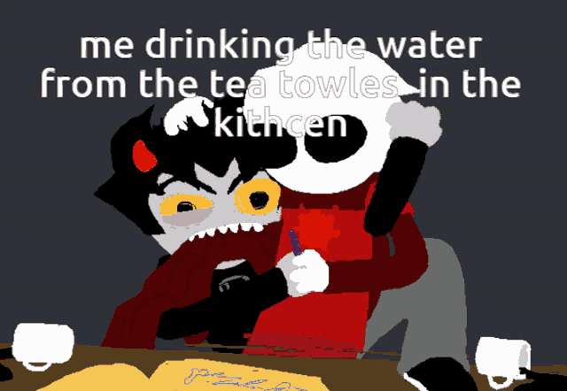 a cartoon of two characters drinking water from a towel