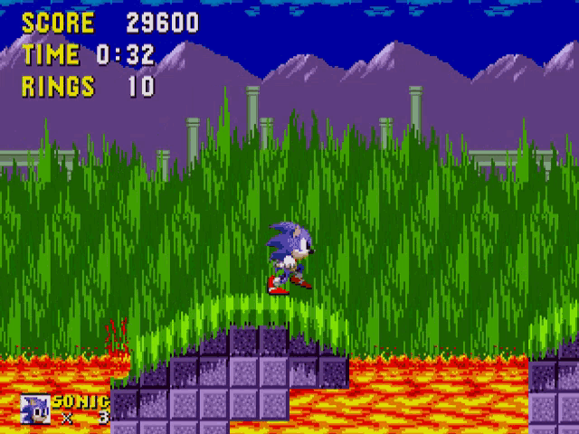 sonic the hedgehog in a video game with mountains in the background