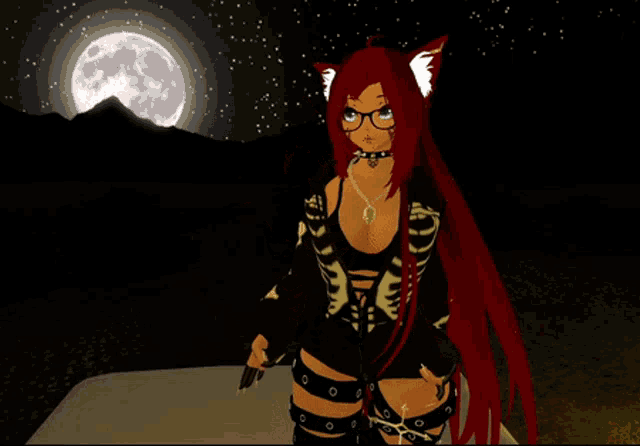 a girl with red hair and cat ears is wearing glasses and a choker
