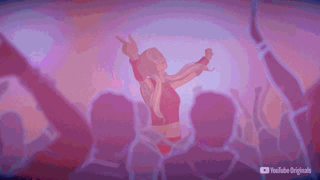 a cartoon of a woman dancing in front of a crowd with youtube originals written on the bottom