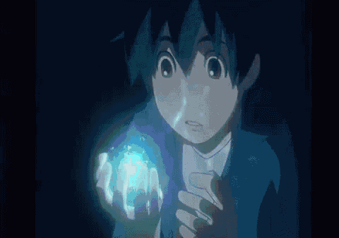 a boy in a blue suit is holding a light in his hands