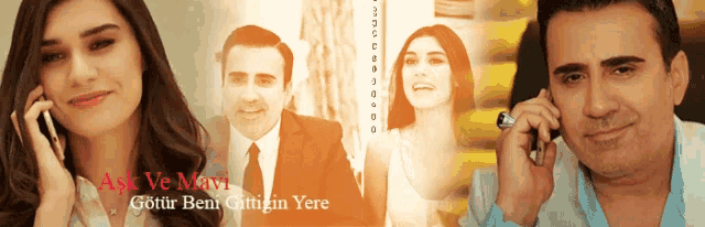 a man talking on a cell phone next to a woman with the words " gotur beni gittigin yere " on the bottom