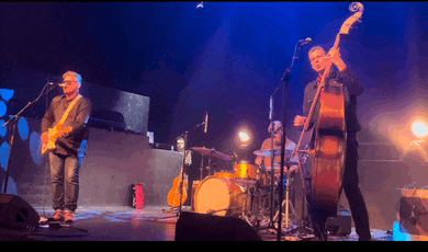 a man playing a guitar and a man playing a bass on stage