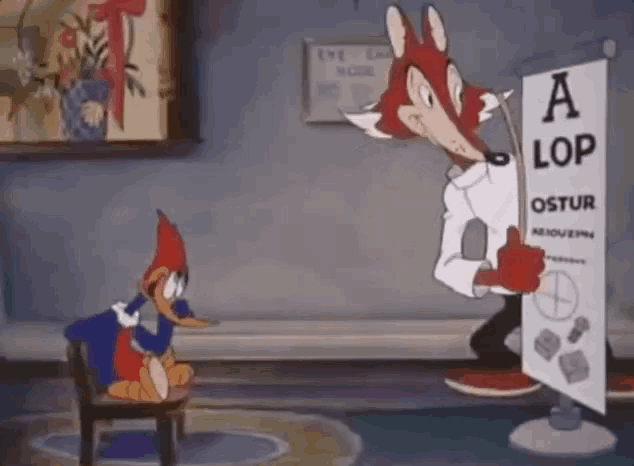 woody woodpecker sits in a chair while a fox holds up a sign that says a lop