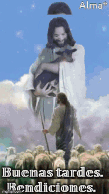 a picture of jesus holding a sheep with the words " buenas tardes bendiciones "