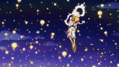 a cartoon character is flying through a night sky with lanterns