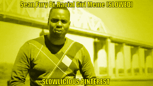 a man in a plaid sweater stands in front of a building with the caption " sean fury bi-racial girl meme slowed "