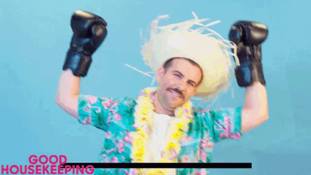 a man wearing a hawaiian shirt and boxing gloves with the words " good hawaiian punch housekeeping " below him