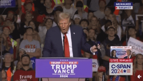 a man stands at a podium that says trump vance 2024 on it