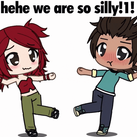 a boy and a girl are standing next to each other with the words " he he we are so silly !! "