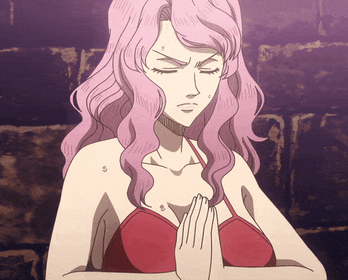 a woman with pink hair is praying with her hands folded in front of her chest