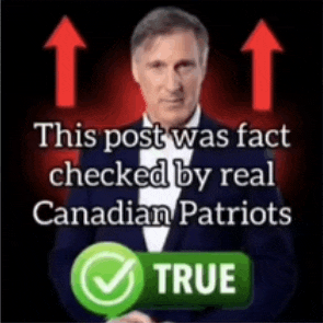 a picture of a man with two arrows pointing up and the words this post was fact checked by real canadian patriots below him