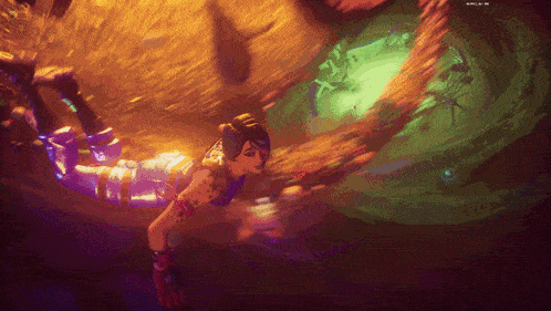 a woman is swimming in a video game with a green light behind her