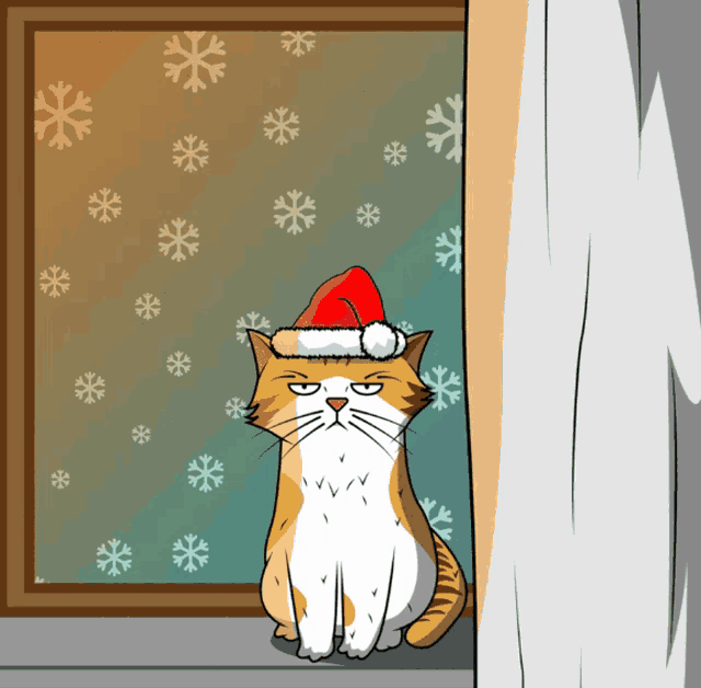 a cat is wearing a santa hat and looking out a window