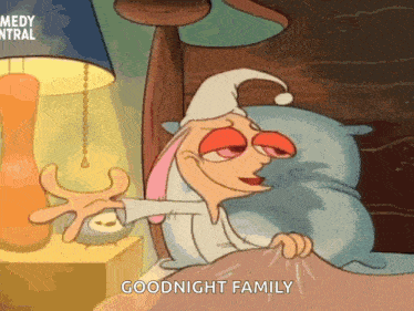 a cartoon character is laying in bed with the words goodnight family on the bottom