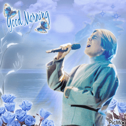 a picture of a man singing into a microphone with the words good morning written above him