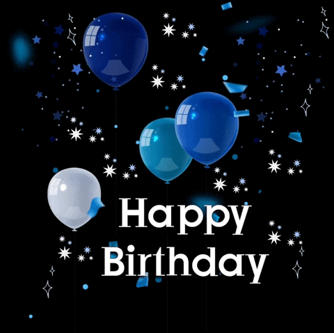 a happy birthday card with blue balloons and confetti