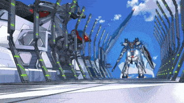 a robot with a sword and shield stands in a tunnel