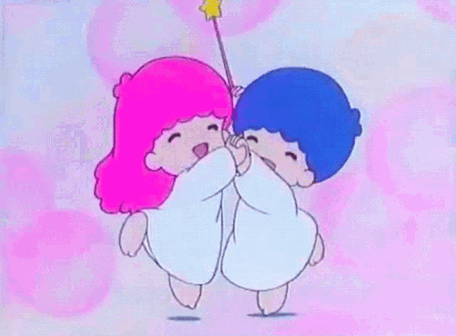 a girl with pink hair and a boy with blue hair are holding hands .