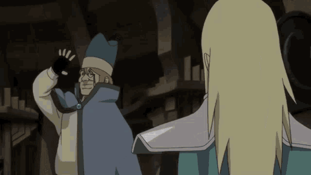 a man with glasses and a blue hat stands next to a blonde woman