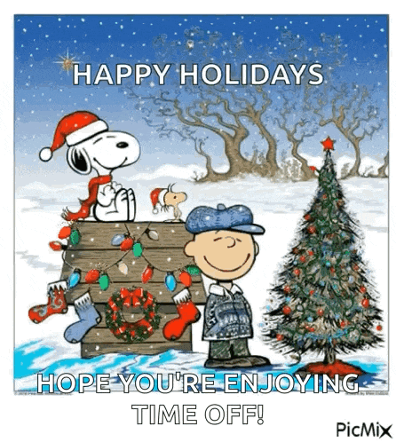 snoopy and charlie brown are standing next to a christmas tree and wishing you a happy holidays .