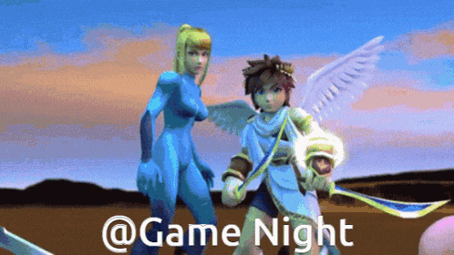a cartoon of a man and a woman standing next to each other with the words game night written on the bottom